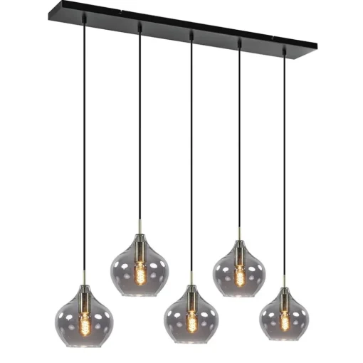 5-Lichts eettafelhanglamp Rakel antiek brass met smoke glas