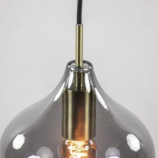 5-Lichts eettafelhanglamp Rakel antiek brass met smoke glas