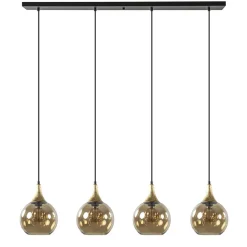 4-Lichts eettafelhanglamp zwart/goud met amber glazen bollen