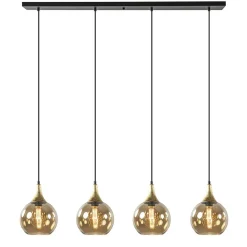 4-Lichts eettafelhanglamp zwart/goud met amber glazen bollen