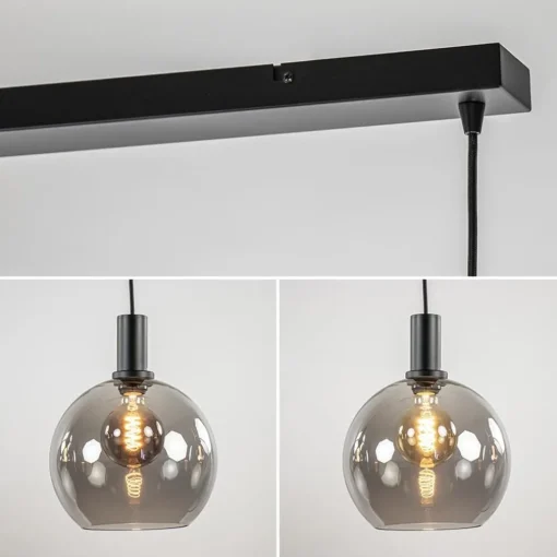 4-lichts eettafelhanglamp zwart met smoke glazen bollen
