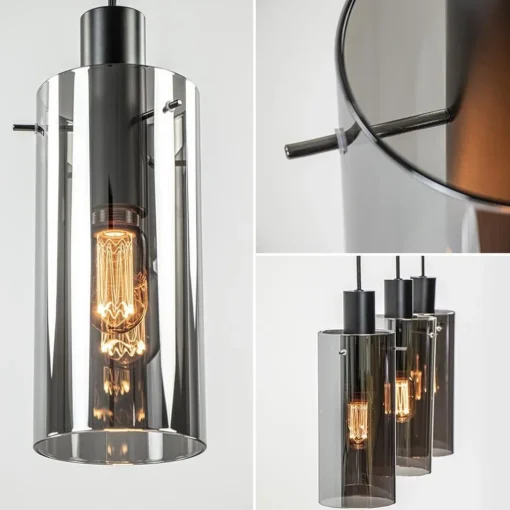 3-Lichts eettafelhanglamp zwart met cilinder smoke glas