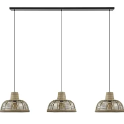 3-Lichts eettafelhanglamp zwart met rotan kappen