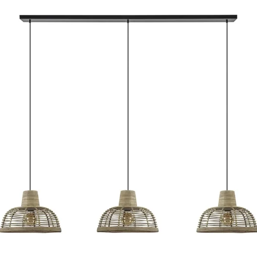 3-Lichts eettafelhanglamp zwart met rotan kappen