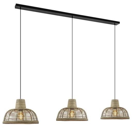3-Lichts eettafelhanglamp zwart met rotan kappen