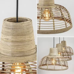 3-Lichts eettafelhanglamp zwart met rotan kappen