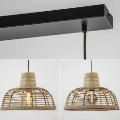 3-Lichts eettafelhanglamp zwart met rotan kappen