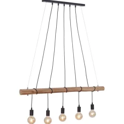 5-Lichts hanglamp houten balk met zwarte pendels