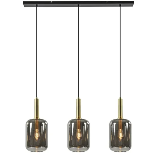 3-Lichts hanglamp Lekar antiek brons met smoke glas