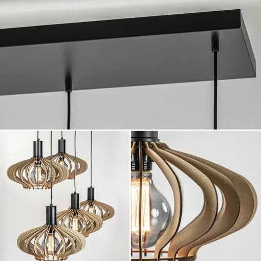 5-Lichts hanglamp zwart met naturel houten kappen