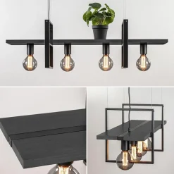 4-Lichts hanglamp zwart met zwarte houten planken