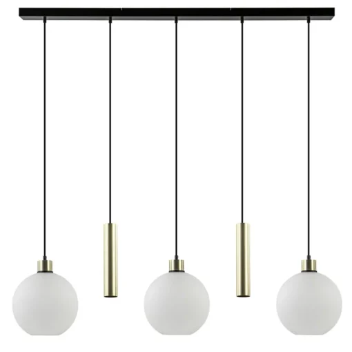 5-Lichts hanglamp zwart-goud met opaal glas