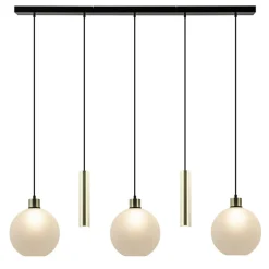 5-Lichts hanglamp zwart-goud met opaal glas