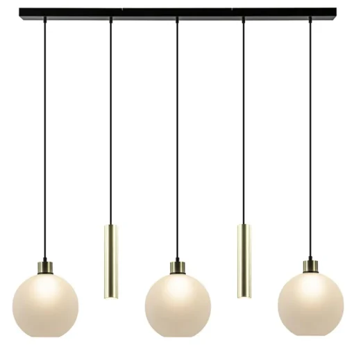 5-Lichts hanglamp zwart-goud met opaal glas
