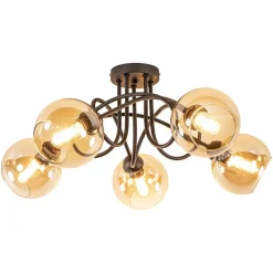 5-Lichts klassieke plafondlamp zwart met amber glazen bollen