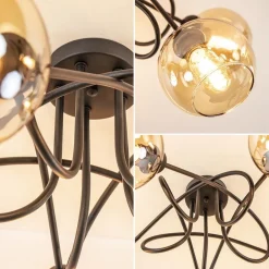 5-Lichts klassieke plafondlamp zwart met amber glazen bollen