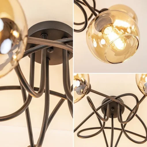 5-Lichts klassieke plafondlamp zwart met amber glazen bollen