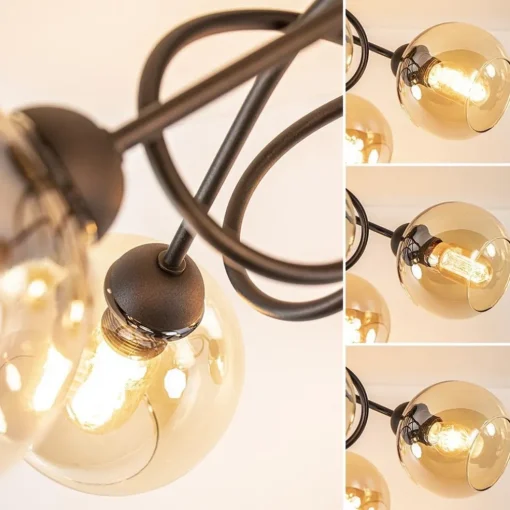5-Lichts klassieke plafondlamp zwart met amber glazen bollen