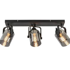 3-Lichts plafondlamp mat zwart met smoke glazen kappen