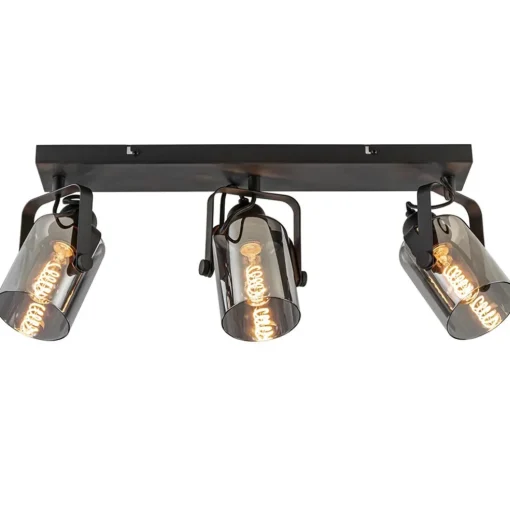 3-Lichts plafondlamp mat zwart met smoke glazen kappen