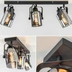 3-Lichts plafondlamp mat zwart met smoke glazen kappen