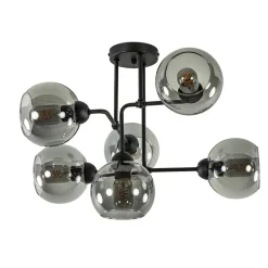 6-Lichts plafondlamp zwart met smoke glazen bollen