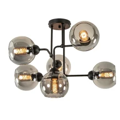6-Lichts plafondlamp zwart met smoke glazen bollen