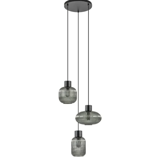 3-Lichts ronde eettafelhanglamp zwart met smoke glas
