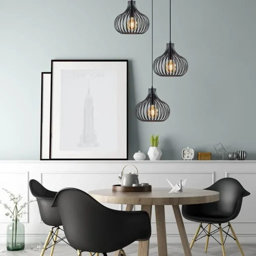 3-Lichts ronde hanglamp met zwarte draadkappen