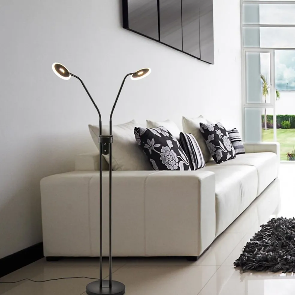 2-Lichts vloer/leeslamp zwart met dimbaar LED