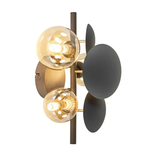 3-Lichts wandlamp grijs/goud met amber glas