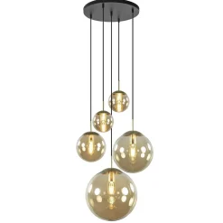 Luxe 5-lichts videlamp messing met amber glazen bollen