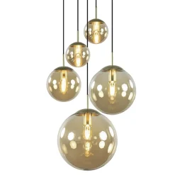 Luxe 5-lichts videlamp messing met amber glazen bollen