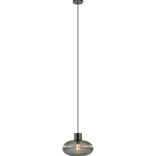 Mat zwarte hanglamp met geribbeld smoke glas ovaal