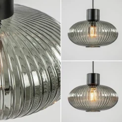 Mat zwarte hanglamp met geribbeld smoke glas ovaal