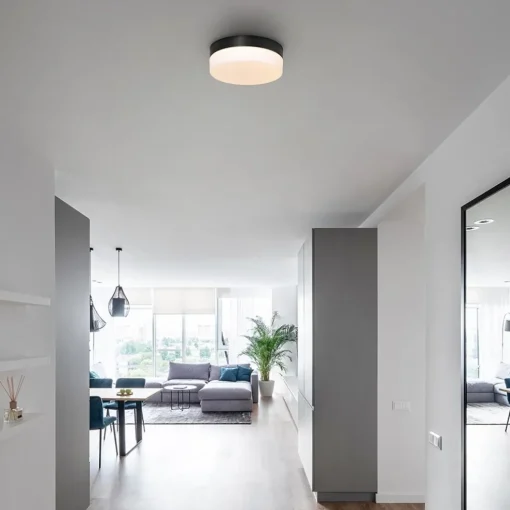 Mat zwarte LED plafondlamp met wit glas IP44 dimbaar