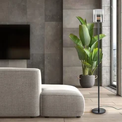 Mat zwarte LED vloerlamp met glazen kap helder/titanium