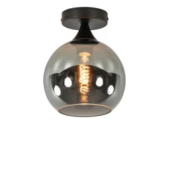 Mat zwarte plafondlamp met smoke glazen bol klein