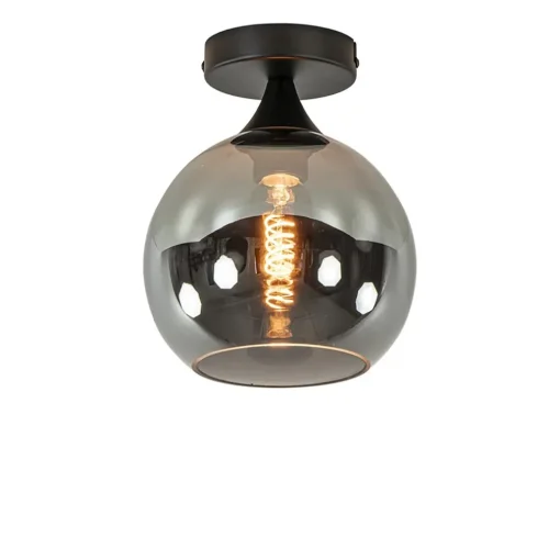 Mat zwarte plafondlamp met smoke glazen bol klein