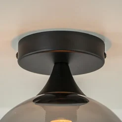 Mat zwarte plafondlamp met smoke glazen bol klein