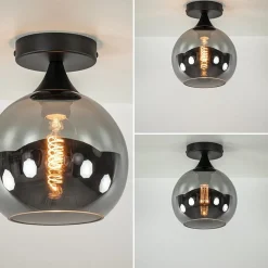 Mat zwarte plafondlamp met smoke glazen bol klein