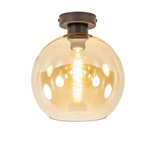 Mat zwarte plafondlamp met amber glazen bol
