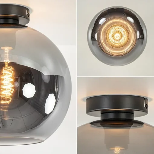 Mat zwarte plafondlamp met smoke glazen bol 30 cm