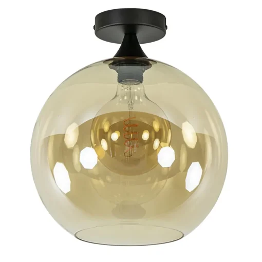 Mat zwarte plafondlamp met amber glazen bol 30 cm