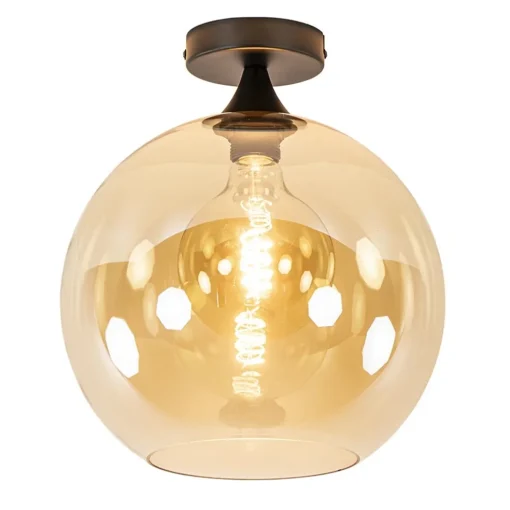 Mat zwarte plafondlamp met amber glazen bol 30 cm