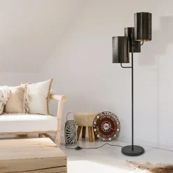 Mat zwarte vloerlamp Edisa met velvet bruine kappen