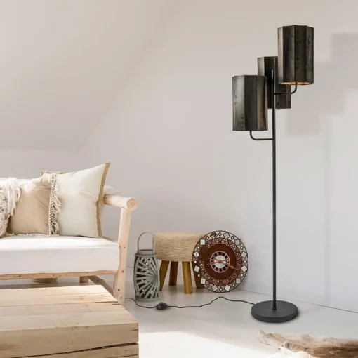 Mat zwarte vloerlamp Edisa met velvet bruine kappen