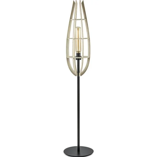 Mat zwarte vloerlamp met houten kap naturel