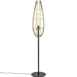Mat zwarte vloerlamp met houten kap naturel