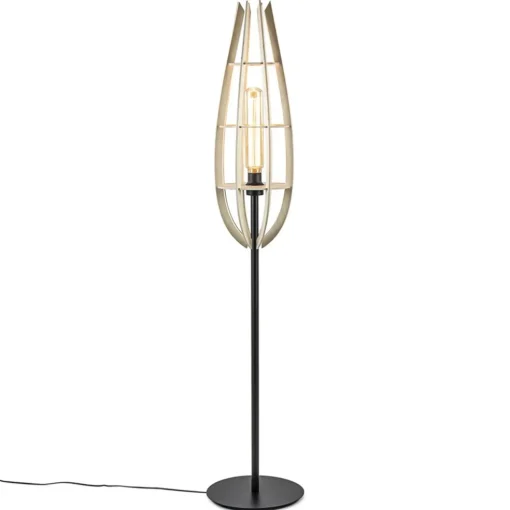 Mat zwarte vloerlamp met houten kap naturel
